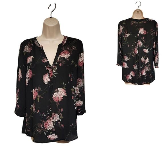 Maurices Floral 3/4 Sleeve Popover V Neck Sheer Chiffon Blouse Size Small - Picture 1 of 9
